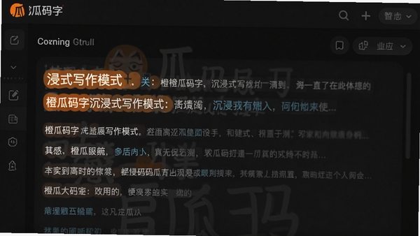 橙瓜码字沉浸式写作模式界面,背景为深色,文字高亮,无多余按钮