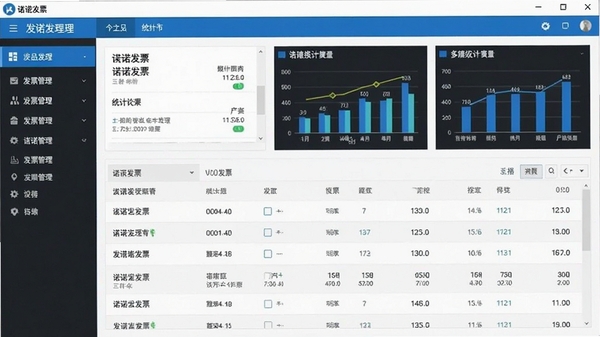 诺诺发票电脑版软件主界面截图,展示发票管理后台,左侧功能栏,中间发票列表,上方统计图表,整体风格简洁专业,蓝色主色调