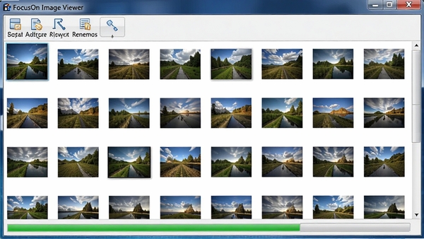 FocusOn Image Viewer 批量处理窗口,多张图片排列,工具栏显示格式转换、尺寸调整、重命名选项,进度条清晰直观