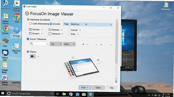 FocusOn Image Viewer 设置界面,显示硬件加速选项,缓存管理,主题切换,背景为电脑桌面环境