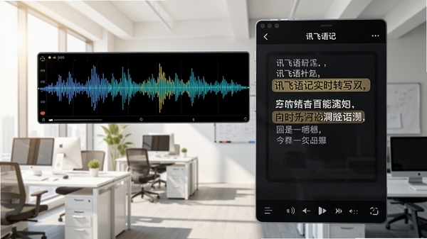 讯飞语记实时转写功能演示,展示语音波形图和文字同步生成,界面高亮显示识别文字,背景为明亮的办公室环境。