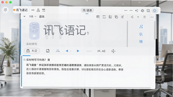 讯飞语记软件主界面截图,展示语音转文字功能,背景为现代办公场景,界面清晰简洁,突出实时转写和文字编辑区域。