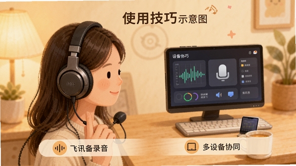 讯飞语记使用技巧示意图,展示佩戴耳机录音、多设备协同等场景,风格温馨,突显实用技巧。