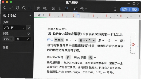 讯飞语记编辑排版界面,展示工具栏、字体设置和段落调整功能,界面风格简约,突出文字编辑的便捷性。