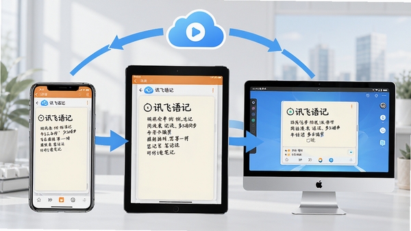 讯飞语记多端同步示意图,展示手机、平板、电脑三台设备同时显示同一笔记内容,云端图标和同步箭头清晰可见。