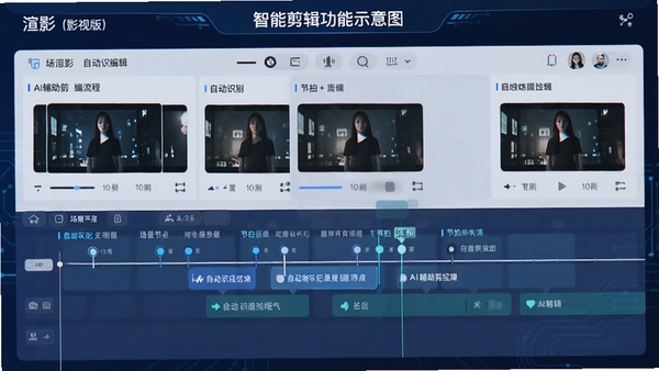 渲影(影视版)智能剪辑功能示意图,时间线上自动标记场景节点和节拍点,AI辅助剪辑流程,界面清晰展示自动识别结果,科技蓝为主色调