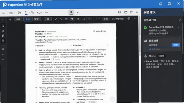 PaperSee论文修改助手界面截图,展示文档编辑区与润色建议侧边栏,风格简洁专业,蓝色主色调