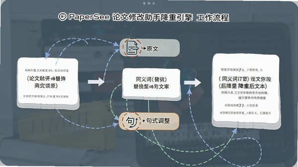 PaperSee论文修改助手降重引擎工作流程,图示从原文到降重后文本的变换,包含同义词替换和句式调整标识,背景清爽