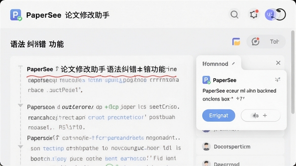 PaperSee论文修改助手语法纠错功能,红色波浪线标注错误,右侧弹出修改建议卡片,界面简洁友好