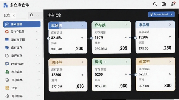 简库存软件的多仓库管理界面,左侧仓库列表,右侧显示各仓库库存汇总卡片,支持拖拽调拨,界面现代,信息层级分明。