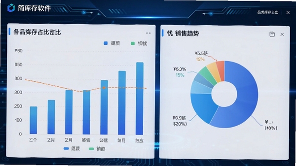 简库存软件的数据报表页面,展示柱状图和饼图,统计各品类库存占比和销售趋势,界面带有蓝色科技感,数据清晰易读。
