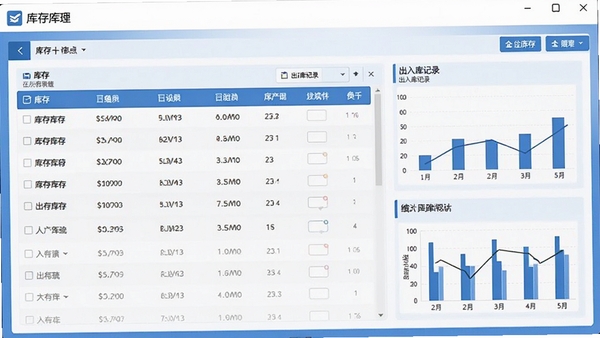 库存管理软件简库存的界面截图,展示库存列表、出入库记录和统计图表,风格简洁现代,蓝色主色调,界面清晰,适合企业办公场景。