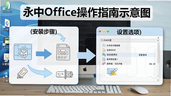 永中Office操作指南示意图,展示安装步骤和设置选项,配有箭头指示,背景为电脑桌面,清晰易懂