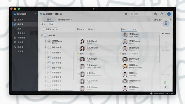 企业微信电脑版通讯录管理界面,展示组织架构树形图,员工头像与职位信息,背景为简约商务风格,强调清晰的组织架构与人员管理。