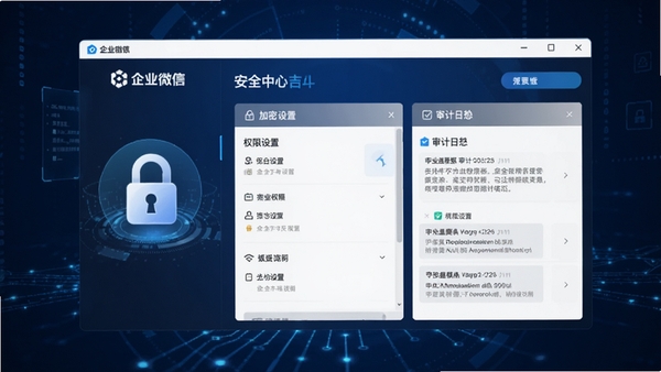 企业微信电脑版安全中心界面,展示加密锁图标、权限设置列表、审计日志,背景为深蓝色科技感设计,传达安全可靠的品牌形象。