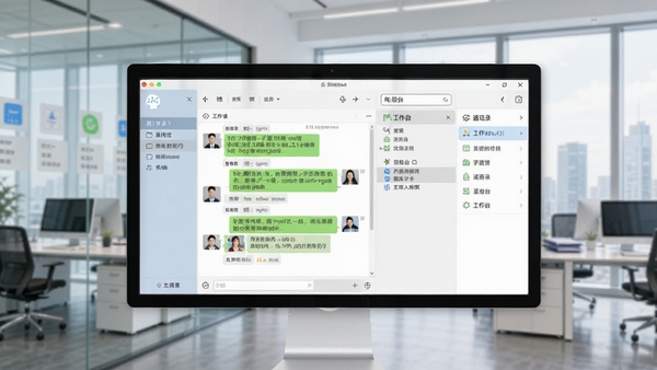 企业微信电脑版官方界面展示,展示聊天窗口、通讯录、工作台等核心功能模块,背景为现代商务办公场景,画面清晰明亮,突出软件的专业性与协作感。