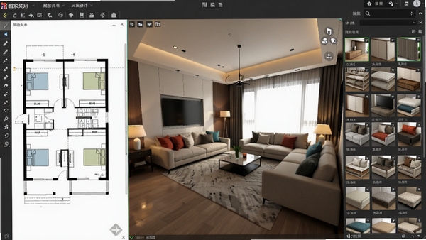 酷家乐3D建模软件界面截图,展示现代客厅设计场景,左侧户型图,中间3D视图,右侧材质库面板,光线柔和,色彩鲜明,体现专业云设计平台的强大功能