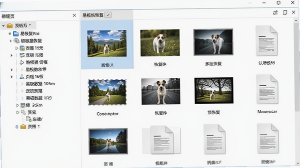 易极数据恢复文件预览界面,左侧分类树,右侧缩略图网格,清晰显示可恢复照片与文档,简洁明亮UI