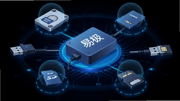 易极数据恢复连接多种存储设备,包括硬盘、U盘、SD卡,图标环绕,科技感插画风格