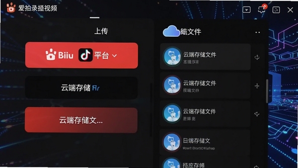 ����¼����Ƶ�������棬��ʾ�ϴ���Bվ��������ƽ̨��ť���Լ��ƶ˴洢�ļ��б�������Ϊ����Ƽ����ɫ�����졣