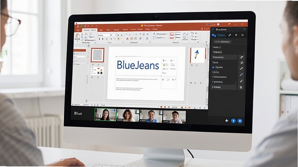 BlueJeans��Ļ��������ʵ����������Ļ��ʾ������PPT�ĵ����Ҳ�������ͱ�ע���ߣ��·��вλ�����Ƶ����ͼ��������ֱ��