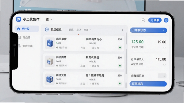 号小二代售软件界面截图展示,现代简约风格,手机端管理后台,列表展示商品信息与订单状态,蓝白主色调,高清数字渲染
