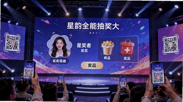 ����ȫ�ܳ齱����չʾЧ��ͼ����̨�������Ļ��ʾ�н��������ͽ�Ʒ������ϯ�����ֻ�ɨ���ά�룬�ֳ��ƹ�Ѥ��