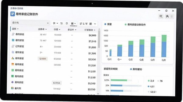 易特家庭记账软件电脑版主界面截图,展示清晰的分类账目列表与统计图表,风格简约明亮