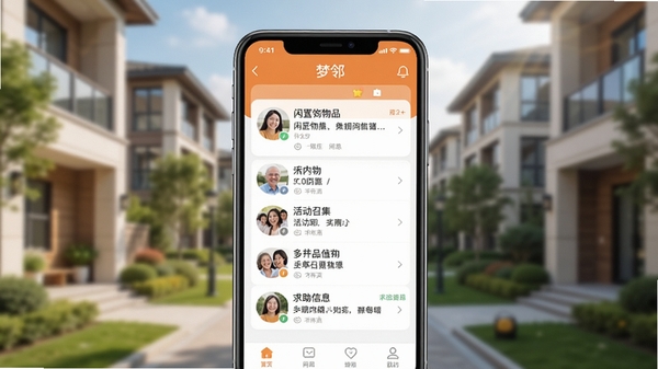 һ��չʾ�ֻ�APP�����ڡ�����ĸ����ͼ����ɫ��Ϊ��ů�ĳ�ɫ�Ͱ�ɫ����������ʾ�Ÿ����ھӷ�����������Ʒ����ټ���������Ϣ��������ģ�����ִ���С�����ۣ�������ܰ������ͻ�����ﻥ���ķ�Χ��