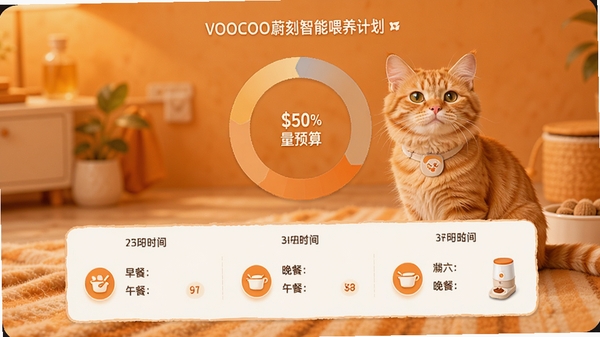 VOOCOOε������ι���ƻ�ҳ�棬չʾһֻ��è��ÿ������Ԥ��Բ��ͼ���·�����͡���͡���������ʱ������ã������Զ�ιʳ��ͼ�꣬����������ů�ĳ�ɫ����