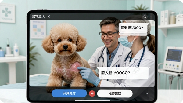 VOOCOOε������������棬չʾһλ��ҽ��ͨ����Ƶͨ���鿴һֻ̩��Ȯ��Ƥ��״������Ļ���г����������ʵ��������ݣ��ײ��С����ߴ������͡��Ƽ�ҽԺ����ť������Ϊ����ɫҽ�Ʒ��