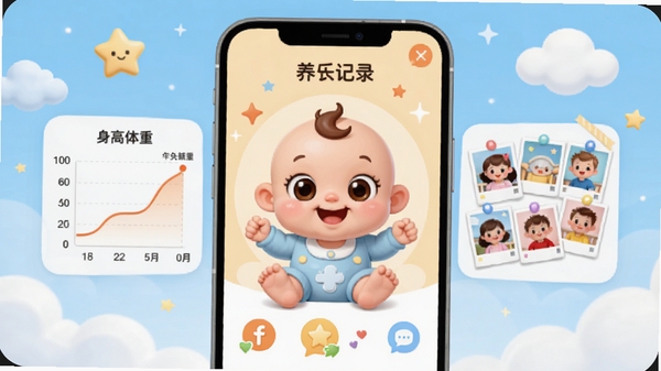 ������APP�ɳ���¼���ܽ��棬չʾһ���ɰ���Ӥ����ͨ������Χ������������������ͼ����Ƭǽ����̱�ͼ�꣬������Ƽ�����죬ɫ����ܰ��������Ư�����ƶ������Ԫ��