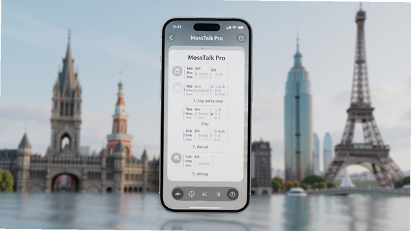 һ��չʾMossTalk Pro�������ֻ������н��棬��Ļ��������ʾ��Ӣ������������Ϊģ���Ĺ��ʶ��еر꣬�������ִ�����ࡢ�Ƽ���ǿ�ĸ����Ʒ��Ⱦͼ��