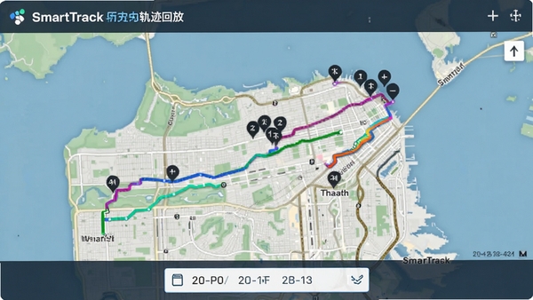 SmartTrack��ʷ�켣�ط�ҳ�棬��ͼ����ʾ��ɫ·������������ʱ��ڵ��ǣ�����ѡ�����ڵײ�