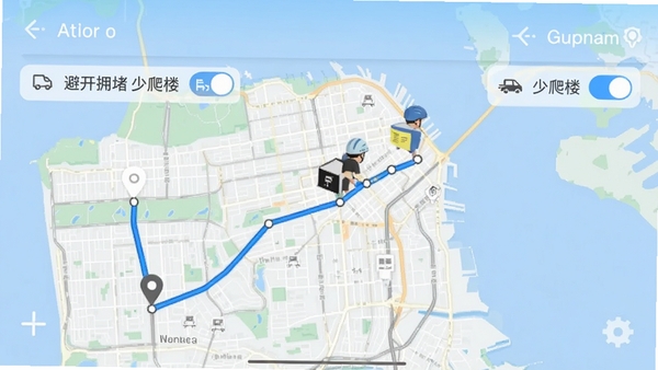 ˮ����������APP��·�߹滮���棬��ͼ����ʾ������͵�֮�����ɫ�������ߣ����С��ܿ�ӵ�¡��͡�����¥��������ѡ��أ�����UI�������ֱ�ۡ�