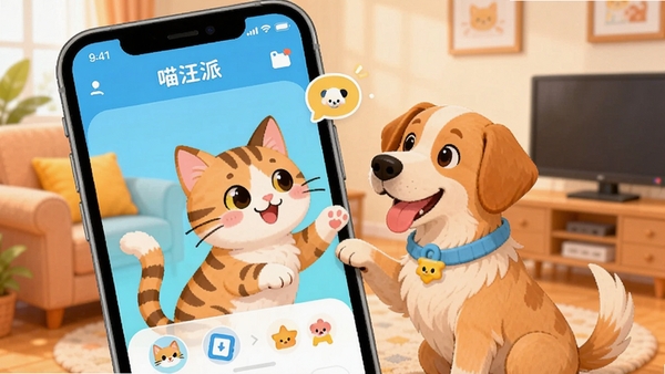 ������Ӧ��������չʾ��һֻ�ɰ���è��͹������ֻ���Ļ�л���������Ϊ��ܰ�Ŀ���������UI������»��ã�ɫ��������ͻ���罻���¼����