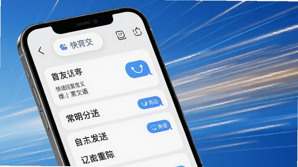 微友通快捷回复功能演示,手机界面显示自定义的常用语列表,点击后自动发送到聊天窗口,背景配以速度线元素,强调快速响应的核心优势。