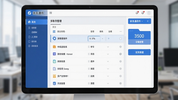 微友通软件主界面截图,展示多账号管理列表和清晰的功能按钮布局,现代简洁的UI设计风格,以蓝色为主色调,突出高效与专业感。