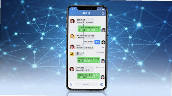 微友通软件功能展示图,画面中心是一个智能手机,屏幕分割成多个聊天窗口,象征多账号同时在线管理,背景为抽象的数字网络连接元素,突显高效与连接。