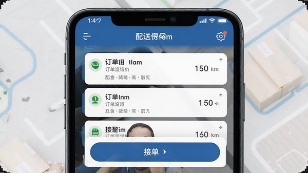 配送骑手端主界面示意图,展示订单列表与接单按钮,风格简洁现代