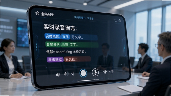 展示会听APP在会议场景中实时录音,文字在屏幕上逐句出现,并标记不同说话人颜色,界面科技感十足