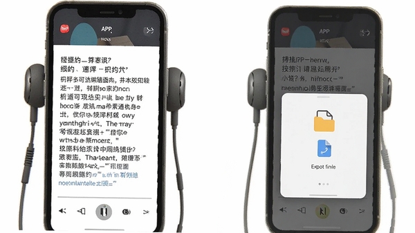 一张会听APP的使用场景示意图,手机连接耳机,屏幕上显示转写完成的文字稿,并配有导出文件的界面