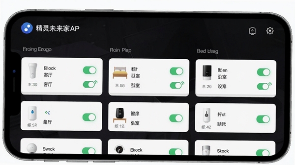 精灵未来家APP的设备管理页面,展示客厅、卧室等房间分组下的智能设备列表,每个设备带有开关状态图标,界面清爽直观