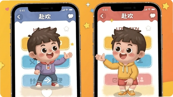 一张展示《赴欢》app内趣味互动游戏场景的图片,两个卡通人物形象正在手机屏幕前进行互动挑战,屏幕上显示着互动选项,画面色彩鲜艳,充满欢乐气氛。