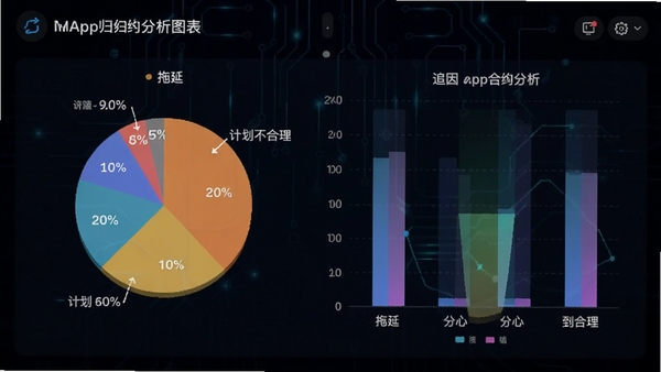 追因app归因分析图表,展示饼状图与柱状图,包含拖延、分心、计划不合理等标签,现代感UI设计,背景为深色科技风
