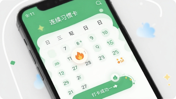 追因app习惯打卡界面,显示连续打卡日历与火苗图标,绿色调为主,简洁明快的打卡成功动效,移动端UI设计