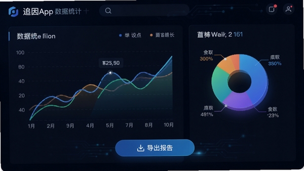 追因app数据统计界面,展示折线图与饼图,背景为深色,数据可视化清晰,带有“导出报告”按钮,科技感设计