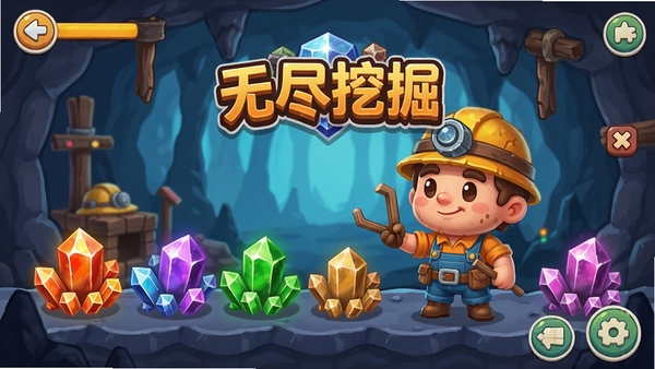 游戏主界面截图,展示Q版矿工角色与五彩矿石,背景为卡通风格矿洞,UI简洁明亮,突出“无尽挖掘”游戏名称Logo