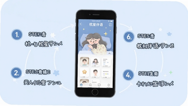 枕星伴语使用指南插图,手机屏幕显示应用主界面,旁边有步骤数字标识,背景为淡蓝色,简洁明了的教程风格