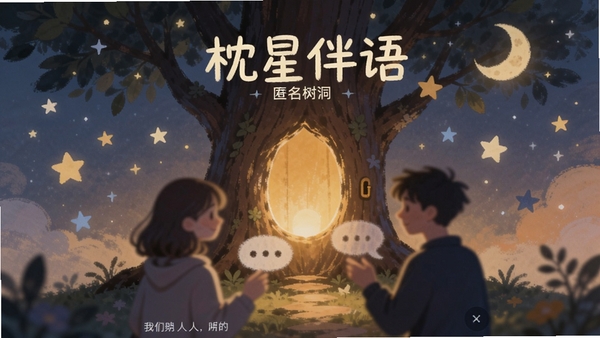 枕星伴语匿名树洞界面,一个发光的树洞,周围有星星和月亮,两个模糊的人影在对话,氛围神秘而温暖,插画风格